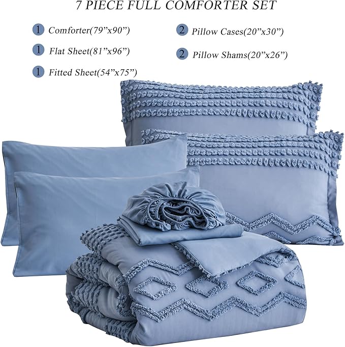 KAKIJUMN Blue Tufted Comforter Set Full Size 7 Piece Bed in a Bag, Shabby Chic Boho Comforter and Sheet Set, Pom Pom Textured Bed Set, All Season Soft Microfiber Complete Bedding Set(Blue,Full) - LeafyLoom