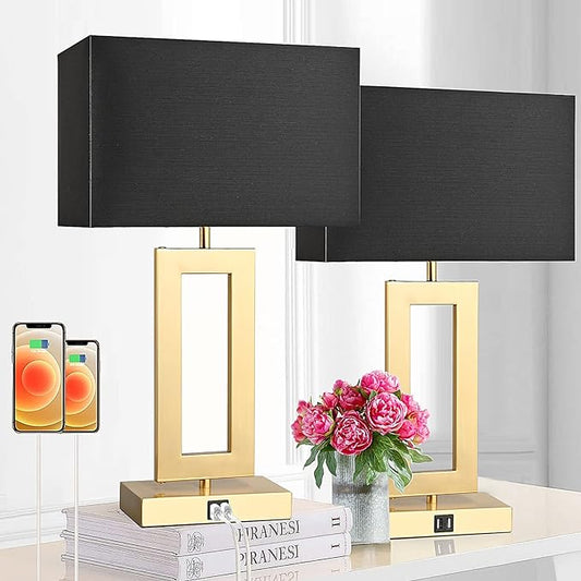 22'' Black&Gold Lamps for Bedrooms Set of 2, Touch Control Table Lamps with USB Ports, 3-Way Dimmable Bedside Nightstand Lamps, Modern Table Lamps for Living Room End Table, LED Bulbs Included - LeafyLoom