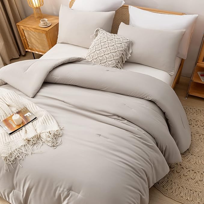 Twin Size Comforter Sets Solid Color 2PCS Boho Beige Bed Comforter Set Tannish Grey Soft Lightweight Microfiber Kids Bedding Set for All Season (1 Comforter, 1 Pillowcase) - LeafyLoom