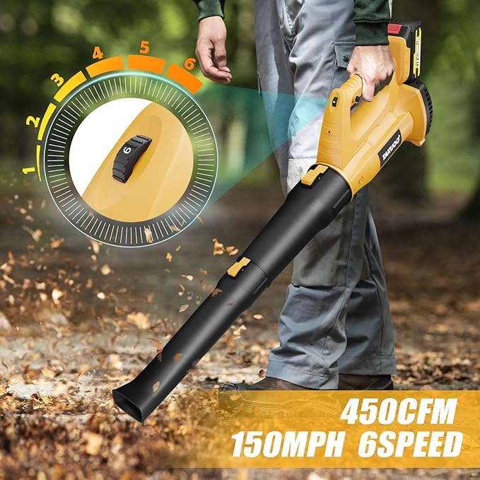 Cordless Leaf Blower, 450CFM 150MPH 21V Electric Leaf Blower with 2 x 4.0Ah Battery and Charger, 6 Speed Portable Lightweight Small Blower for Lawn Care Sweeping Snow, Yard, Garden, Patio - LeafyLoom