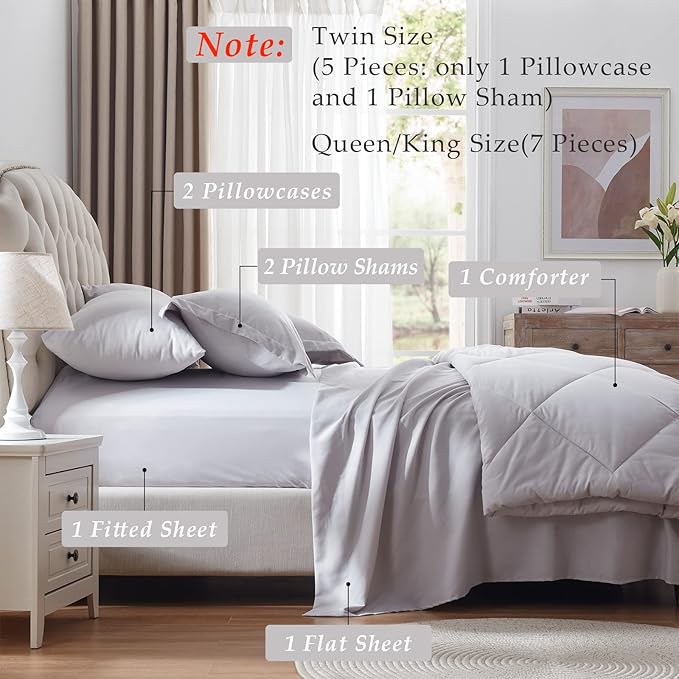 NexHome King Bed in a Bag 7-Pieces Light Grey Comforter Sets with Comforter and Sheets Soft All Season Bedding Sets with Comforter, Pillow Shams, Flat Sheet, Fitted Sheet and Pillowcases - LeafyLoom