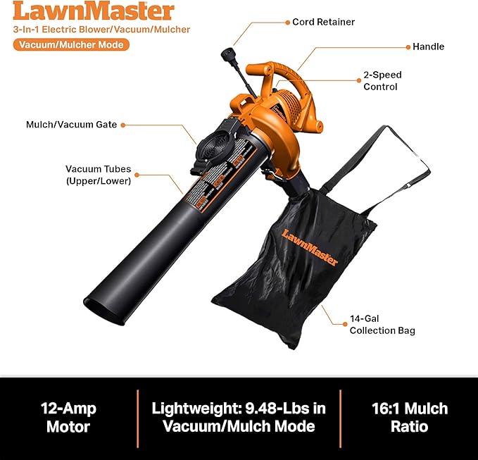 LawnMaster BV1210 Electric Blower Vacuum Mulcher 12 Amp 2-Speed Adjustment with Metal Impeller 240 MPH 380 CFM 16:1 Mulch Ratio - LeafyLoom