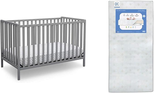 Delta Children Heartland 4-in-1 Convertible Crib, Grey + Delta Children Twinkle Galaxy Dual Sided Recycled Fiber Core Crib and Toddler Mattress (Bundle) - LeafyLoom