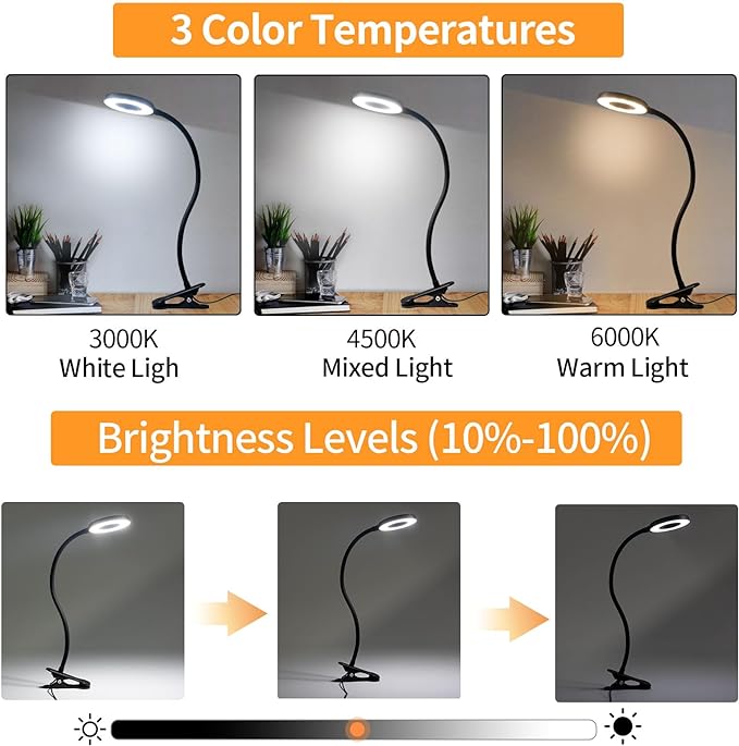 LQWELL® LED Desk Lamp Clip-on Ring Reading Light, 3 Color Temperatures, 10 Brightness Levels & Stepless Dimming, 360° Flexible Clamp Table Lights for Home Office (Neck Length 40CM) - LeafyLoom