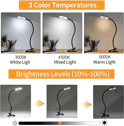 LQWELL® LED Desk Lamp Clip-on Ring Reading Light, 3 Color Temperatures, 10 Brightness Levels & Stepless Dimming, 360° Flexible Clamp Table Lights for Home Office (Neck Length 40CM) - LeafyLoom