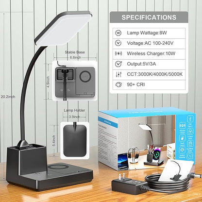 comzler LED Desk Lamp with Wireless Charger, Desk Lamps with Pen Phone Holder, Black Desk Lamp for Home Office,8W 3 Modes Dimmable Touch Lamp, Desktop Study Lamps for College Dorm Room - LeafyLoom