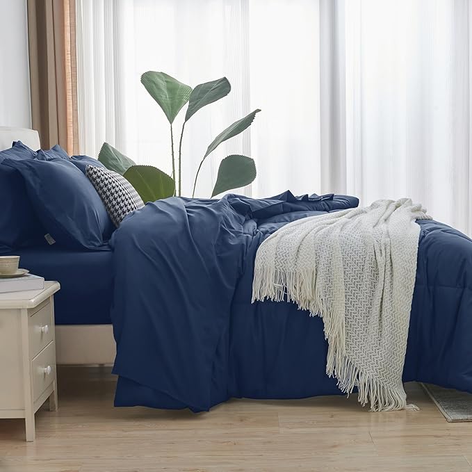 CozyLux Full Size Comforter Sets - 7 Pieces Bed in a Bag Set Navy Blue Full, Complete Bedding Sets Bed Set for All Season with Comforter, Flat Sheets, Fitted Sheet, Pillowcases & Shams - LeafyLoom