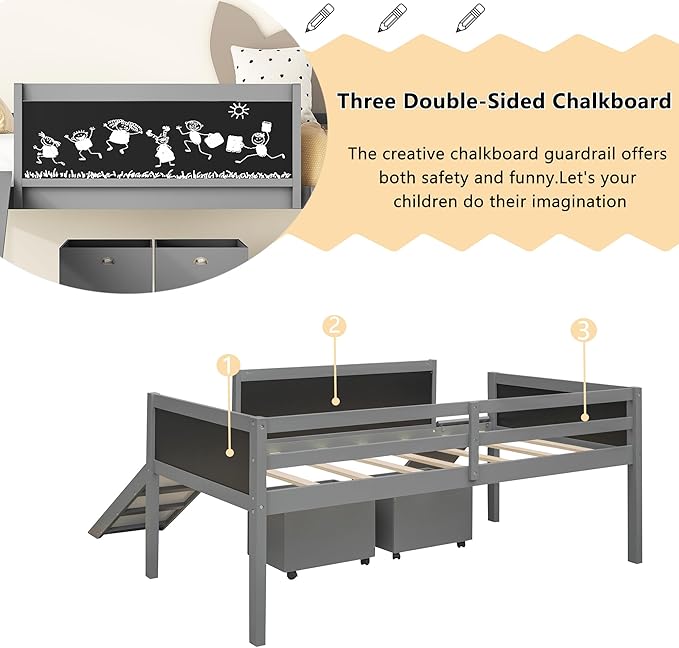 Twin Size Low Loft Bed with Slide and 2 Storage Boxes,Kids Low Loft Bed Frame with Climbing and Chalkboard,Solid Loft Bed Twin for Boys,Girls,Gray - LeafyLoom