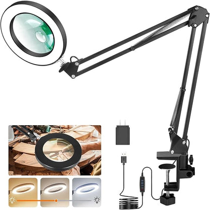 Magnifying Glass with Light Toolour 5X&10X Magnifying Glass Light with 26in Long Arm, 3 Colors Dimming Magnifying Desk Lamp, Lighted Magnifier Glass for Jewelry Close Work Reading Hobby Craft - LeafyLoom