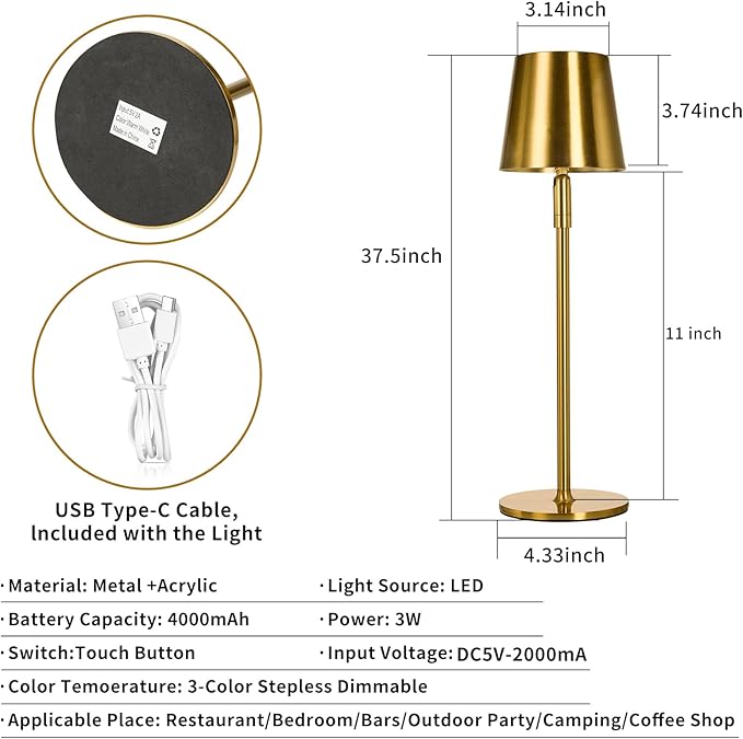 Cordless Table Lamp,Portable LED Desk Lamp, Battery Operated, 3 Color Stepless Dimming Up, for Restaurant/Bedroom/Bars/Outdoor Party/Camping/Coffee Shop Night Light。 (Gold) - LeafyLoom