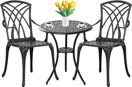 3 Piece Patio Bistro Set Outdoor Bistro Table Set Anti Rust Bistro Table and Chairs w/Umbrella Hole, Durable Patio Set for Porch, Balcony - LeafyLoom