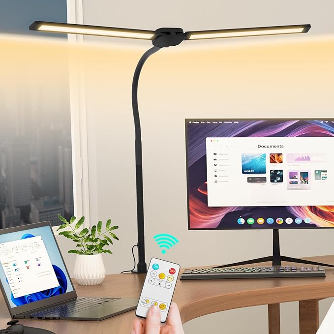 LED Desk Lamp for Home Office, Double Head Computer Desk Lights with Clamp & Wireless Remote, 12 Lighting Modes, Flexible Gooseneck Adjustable Smart Table Reading Study - LeafyLoom