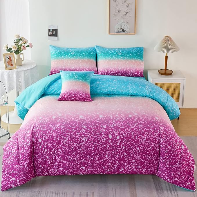 PERFEMET Queen Comforter Set with Sheets, 6 Pieces Tie Dye Rainbow Girls Bedding Set, Gradient Glitter Colorful Ombre Bed in A Bag (Aqua Teal Purple, Queen) - LeafyLoom