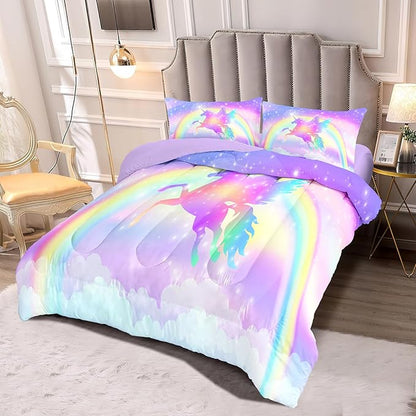 Kids Comforter Bedding Set 3 Pieces Super Soft Breathable Print Kids Bedding Sets for Girls, Machine Washable Durable Comforter Set with Comforter, 2 Pillowcases Rainbow(Twin, Purple Unicorn) - LeafyLoom