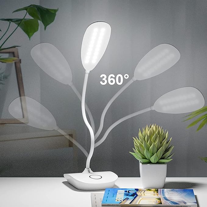 DEEPLITE Battery Operated Desk Lamp, LED Desk Light 3 Lighting Modes Stepless Dimming, Table Lamp 5W Touch Control Eye Caring, Flexible Gooseneck, Portable Reading Light for Dorm Study Office Bedroom - LeafyLoom