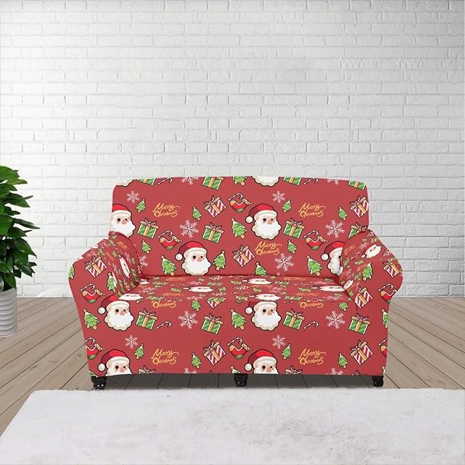 FKELYI Christmas Decor Red Sofa Slipcover for Living Room Santa Claus Sofa Couch Cover with Elastic Bottom Non-Slip Furniture Protector M FKELYI