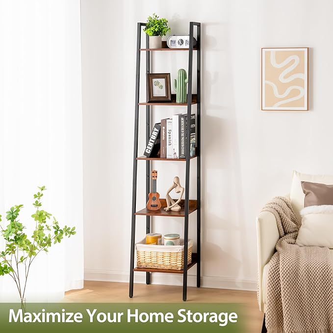 Yoobure Ladder Shelf, 5 Tier Tall Ladder Bookshelf Corner Shelf, Industrial Book Shelf Ladder Bookcase Narrow, Standing Storage Shelves Display Shelf for Bedroom Living Room Office Kitchen Bathroom - LeafyLoom