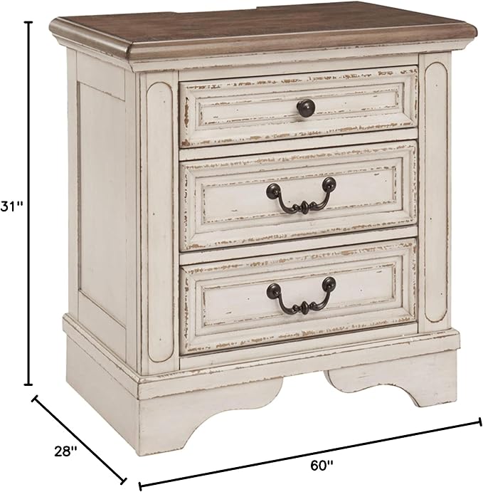 Signature Design by Ashley Realyn French Country 60" Home Office Lift Top Desk with USB Charging, Chipped White and 3 Drawer Nightstand with Electrical Outlets & USB Ports, Chipped White - LeafyLoom