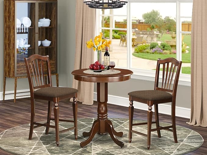 East West Furniture EDCH3-MAH-C Eden 3 Piece Kitchen Counter Height Dining Set Contains a Round Pub Table with Pedestal and 2 Linen Fabric Upholstered Chairs, 30x30 Inch, Mahogany - LeafyLoom