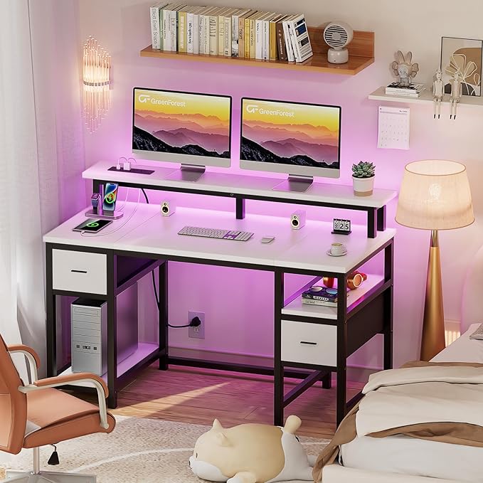 GreenForest Computer Desk with 2 Drawers and Power Outlets,50 Inch Office Desk with 2 Monitor Stands and Fabric File Cabinet, Reversible Gaming table with Led Lights and Shelves, Work Desk, White - LeafyLoom