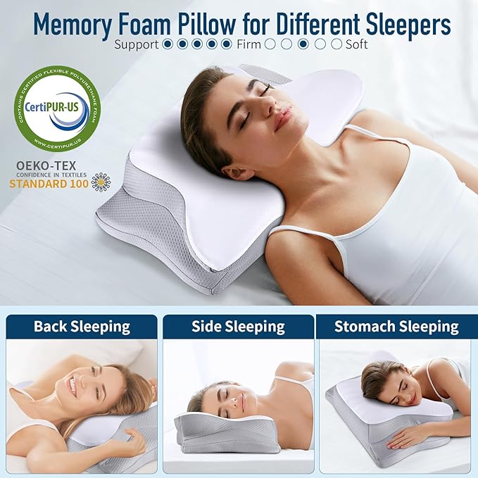 Memory Foam Pillows Cervical Neck Pillow for Neck Pain Relief, Contour Cooling Bed Pillow for Sleeping, Odorless Ergonomic Orthopedic Neck Support Pillows for Side Back Stomach Sleeper with Pillowcase - LeafyLoom