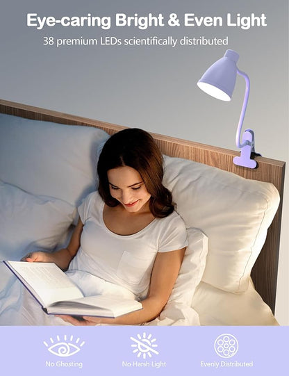 BOHON Desk Lamp with Clamp, 10W 38 LED Clip on Light, 3 Color 10 Brightness Auto Off Timer, Flexible Gooseneck Clip Lamp, Desk Lights for Office Home Bed Bedside Reading, Lilac Purple - LeafyLoom