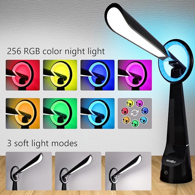 Upgraded LED Desk Lamp Also A Night Light with 7 Colours Change, Eye-Caring Table Lamp with USB Charging Port Suitable for Table Bedroom Bedside Office Study,8W (Black) - LeafyLoom