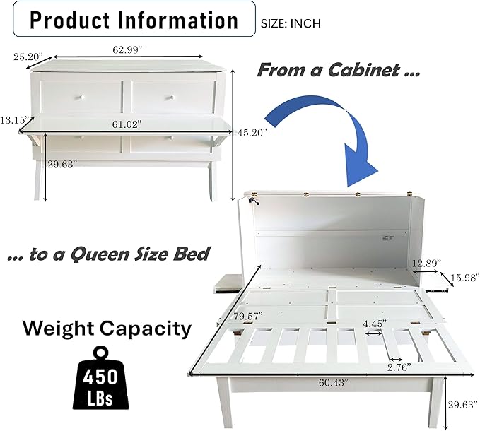 Queen Size Murphy Bed with Removable Shelves for Adults,Wood Platform Bedframe w/USB Port, Can Change into Cabinet, Save Space Design, for Bedroom, Apartments, White - LeafyLoom