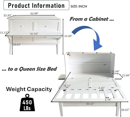 Queen Size Murphy Bed with Removable Shelves for Adults,Wood Platform Bedframe w/USB Port, Can Change into Cabinet, Save Space Design, for Bedroom, Apartments, White - LeafyLoom