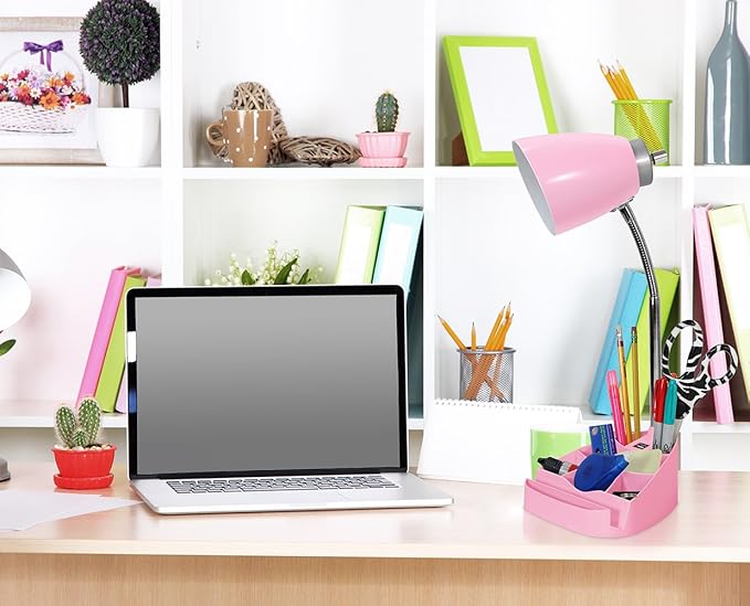 Simple Designs LD1056-PNK Gooseneck Organizer Desk Lamp with iPad/Tablet Stand or Book Holder and USB Port, Pink - LeafyLoom