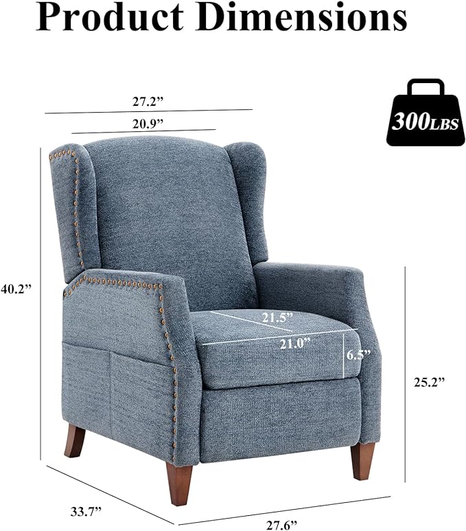 COLAMY Wingback Pushback Recliner Storage Pocket Upholstered Fabric Living Room Chair Armchair, with Wood Legs and Nailhead Trim, Dark Blue - LeafyLoom