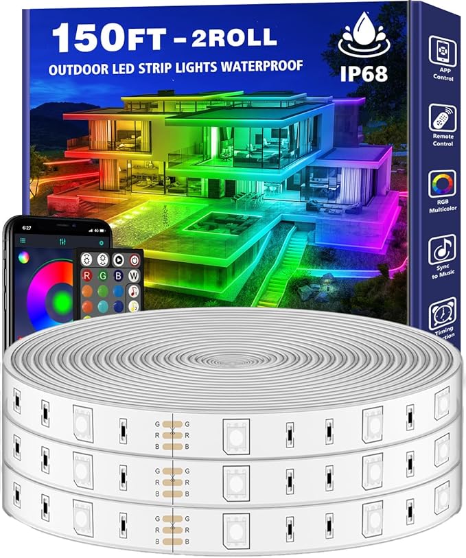 150ft Outdoor LED Strip Lights Waterproof,IP68 Outside Led Light Strips Waterproof with App and Remote,Music Sync RGB Exterior Led Rope Lights with Self Adhesive Back for Deck,Balcony,Pool LETIANPAI