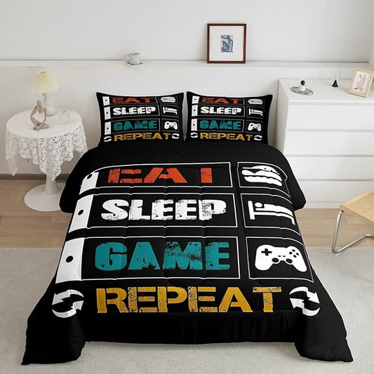 Gamer Comforter Set Full Gaming Bedding Set for Boys Teens Girls Kids Video Games Controller Comforter Funny Creative Eat Sleep Game Repeat Design Reversible Down Comforter for All Season Room Decor - LeafyLoom