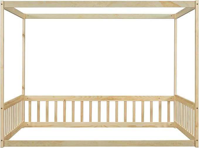 Full Size Canopy Bed Frame with Guardrails for Kids,Floor Bed Full with Four Poster Design,Kids Montessori Floor Bed,Wood Canopy Bed Frame for Girls,Boys(Full,Natural) - LeafyLoom