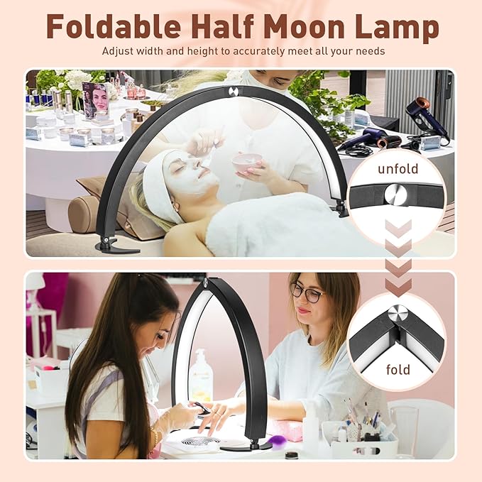 HITTI Large Half Moon Light for Nail Desk with Phone Holder, Foldable Nail Tech Light, Lash Table Lamp with Wire Controller & Remote, 7 Color Modes 10 Brightness for Extension Tattoo Craft Beauty - LeafyLoom