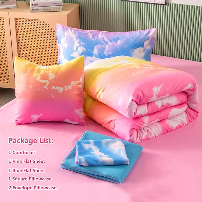 PERFEMET White Cloud Print Girls Comforter Set Queen Size 6 Pieces Teen Girl Tie Dye Bedding Set Colorful Rainbow Bed in A Bag Comforter Set with Sheets - LeafyLoom