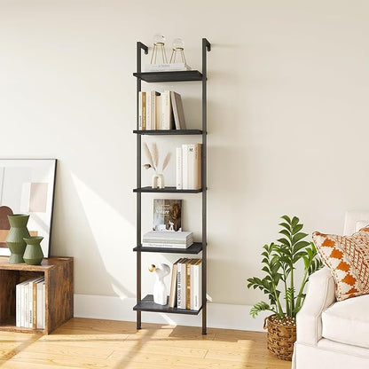 ELYKEN Ladder Shelf, 5-Tier Wood Wall Mounted Bookshelf with Metal Frame, Vintage Open Display Organizer Rack, Leaning Storage Shelves for Living Room, Bedroom, Home Office, Black - LeafyLoom