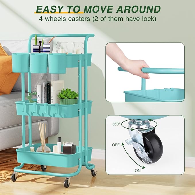 3-Tier Rolling Mobile Utility Cart with Hanging Cups & Hooks & Handle Multifunctional Organizer Storage Trolley Service Cart with Wheels Easy Assembly for Office, Bathroom, Kitchen (Blue) - LeafyLoom