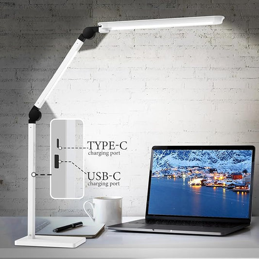 LED Desk Lamp with USB Charging Ports,Creative Touch Reading Light, with Memory Dual Light and Adjustable Swing Arm,15W 4 CCT Eye-Care Modes & 4 Brightness Levels Table Lamp for Home Office-White - LeafyLoom