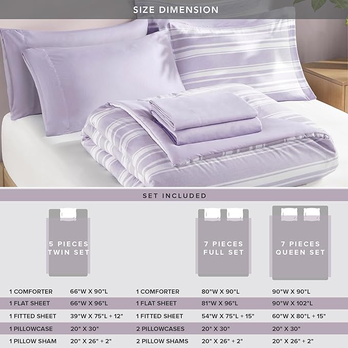 Codi Bed in a Bag Twin Size Complete Set, Lavender Purple Striped Single Comforter Set 5 Piece for Teen, Modern Neutral Cationic Dyeing Bed Sets with Comforter, Sheets, Pillowcases & Shams - LeafyLoom