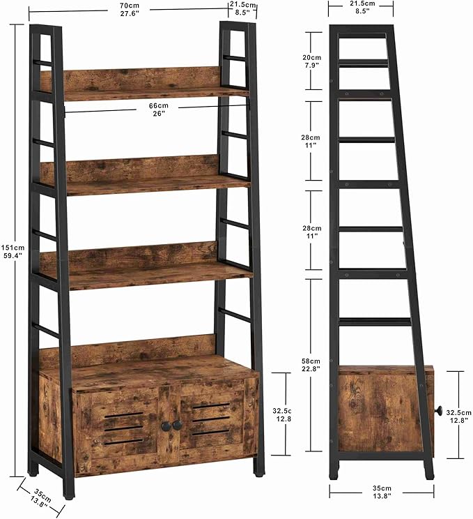 IRONCK Bookshelf with Louvered Doors, 3-Tier Ladder Shelf with Cabinet Industrial Accent Furniture for Bedroom Living Room Home Office, Rustic Brown - LeafyLoom