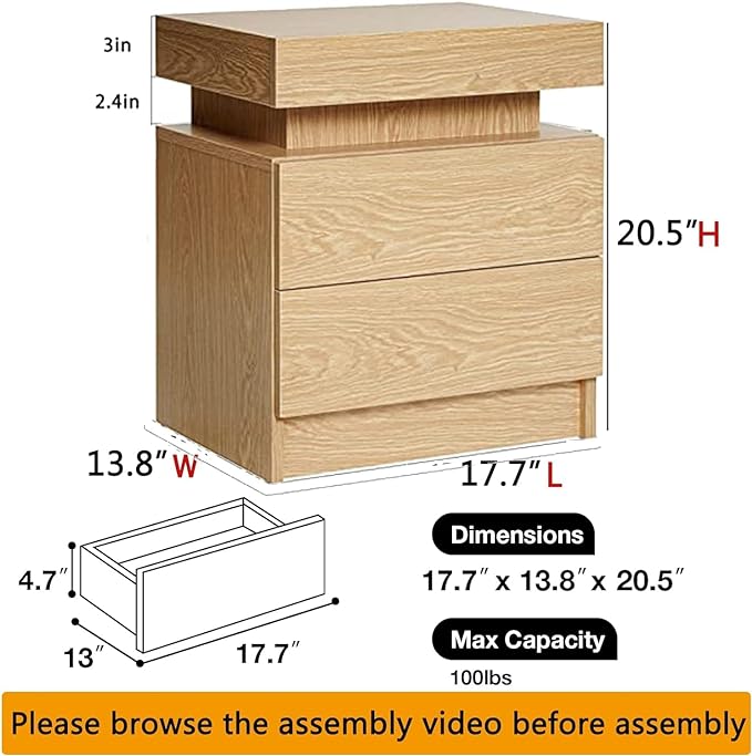 HOMMPA LED Nightstand Wood Bedside Table with Led Lights Modern LED Night Stand with 2 Drawers Smart Nightstand Matte Night Table for Bedroom 20.5" Tall - LeafyLoom