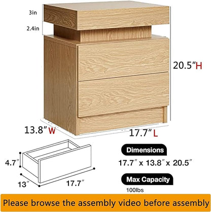 HOMMPA LED Nightstand Wood Bedside Table with Led Lights Modern LED Night Stand with 2 Drawers Smart Nightstand Matte Night Table for Bedroom 20.5" Tall - LeafyLoom