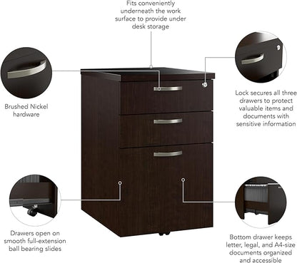 Bush Business Furniture Office in an Hour 3 Rolling File Cabinet | Mobile Under Desk Drawers for Letter, Legal, and A4-size Document Storage, Mocha Cherry - LeafyLoom