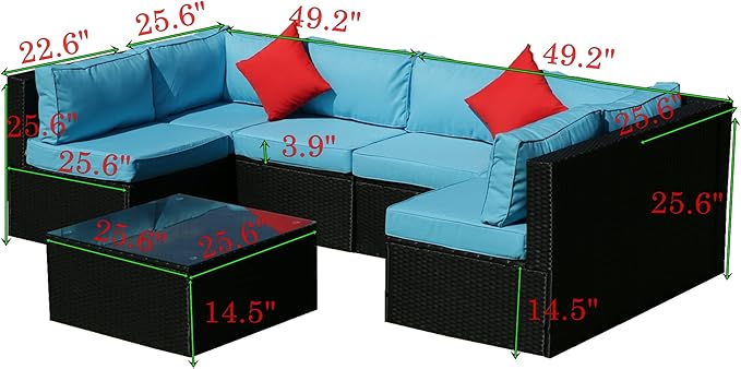 5 Pieces Outdoor Furniture PE Rattan Patio Sectional U Shaped Conversation Sofa Set with Table and 2 Pillows for Garden, Yark, Lawn, Backyard, Onesize, Black Wicker+Blue Cushion - LeafyLoom