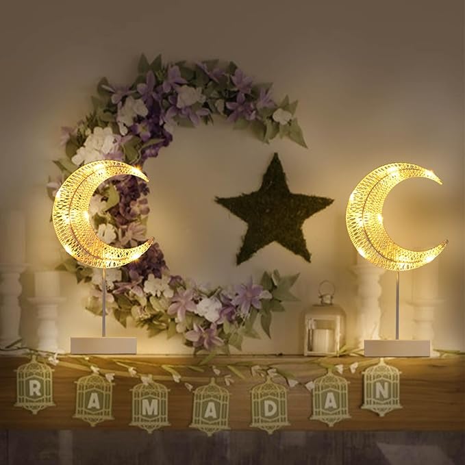 Rustic Moon Lamp for Ramadan Decor, Battery Operated Ramadan Lights for EID Mubarak Decorations, Office Desk, Cabinet, Bedroom Bedside Living Room Decor, Dining Centerpiece Table Decorations - LeafyLoom