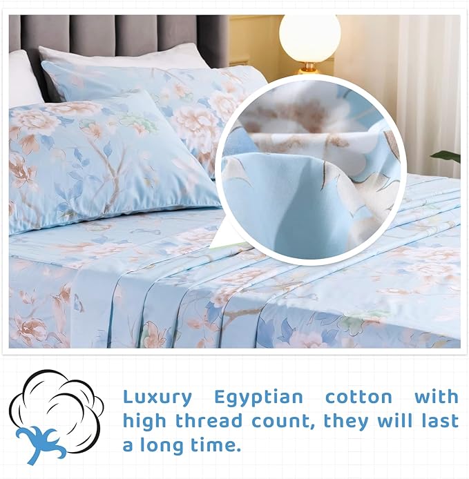 QSH 100% Cotton Floral Sheets for Split King Size Bed, Blue Flowers Plant Pattern Botanical Luxury Cotton Printed Floral Bedding Split King Sheet with Deep Pockets 17" Soft and Breathable 5pcs - LeafyLoom