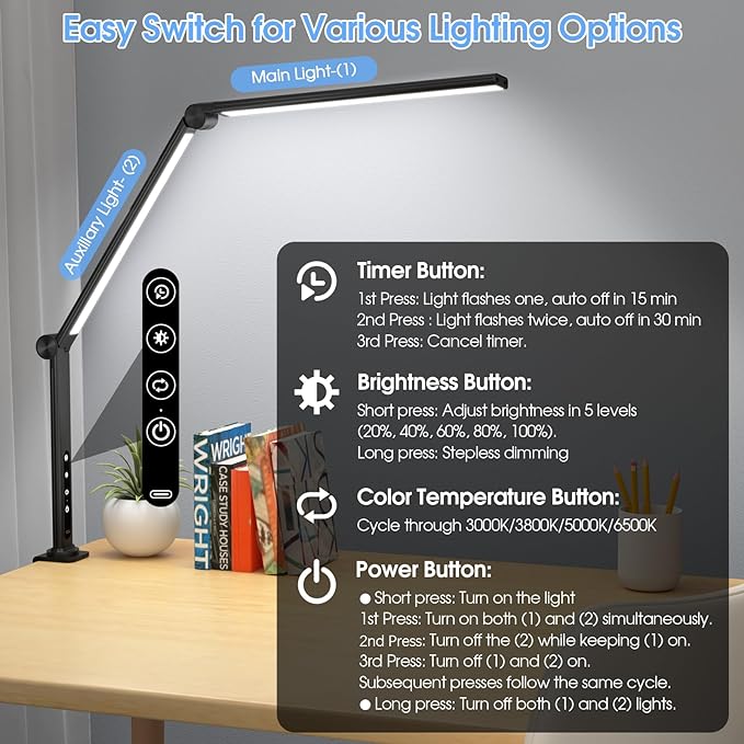 ShineTech LED Desk Lamp with Clamp, Architect Desk Lamp with Dual Light and Adjustable Swing Arm, 4 CCT Modes & 5 Brightness Levels Desk Light - LeafyLoom