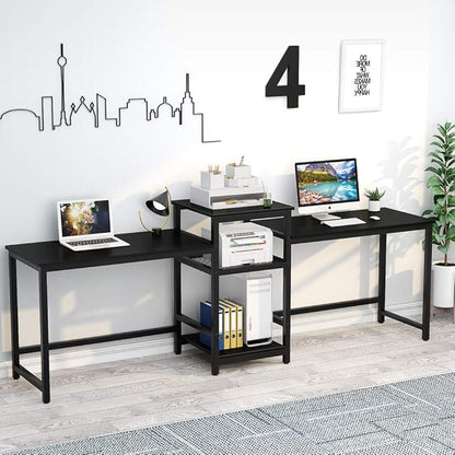 Tribesigns 96.9" Double Computer Desk with Printer Shelf, Extra Long Two Person Desk Workstation with Storage Shelves, Large Office Desk Study Writing Table for Home Office (Black) - LeafyLoom