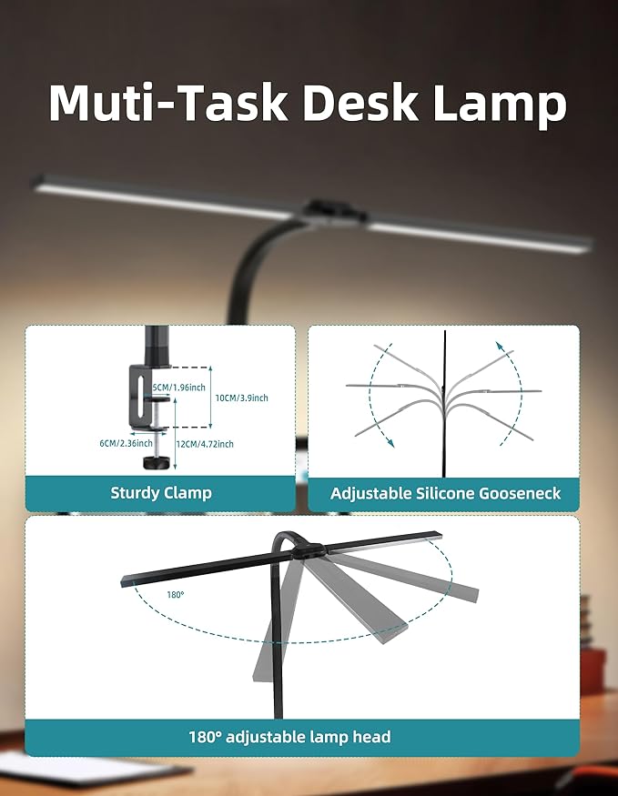 LED Desk Lamp with Clamp for Home Office,Double Head Eye-Caring Clip on Lights with Remote,10 Dimmable Brightness, 24W Bright Desk Light for Reading Study Workbench Drafting, Flexible Gooseneck Lamp - LeafyLoom